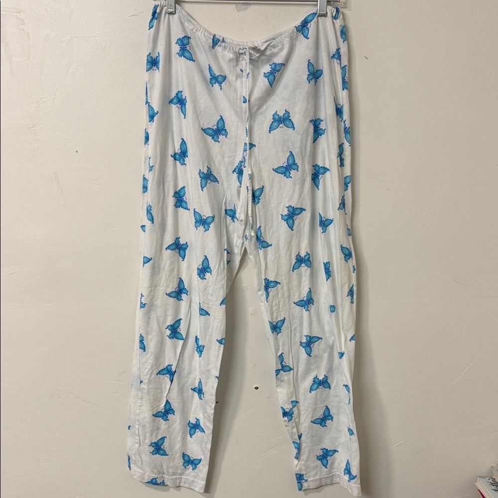 Ellemenno White Pants with Blue Butterfly Design Y2K butterfly 🦋